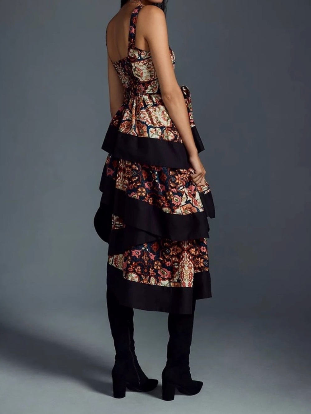 Anthropologie Black Tiered Midi Dress with Multicolor Floral Patchwork - Picture 2 of 7